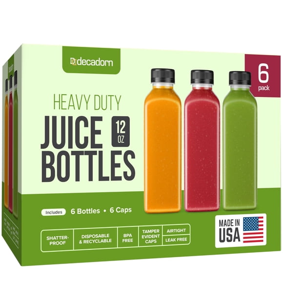 Botellas de jugo DECADORN de plástico con tapones, 350 ml, paquete de 6 unidades, sin BPA