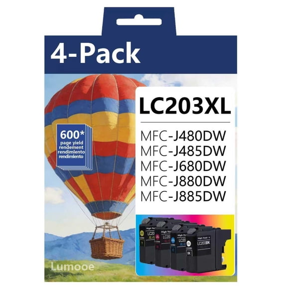 Paquete de 4 Cartuchos de Tinta Lumooe LC203XL Alto Rendimiento a Color
