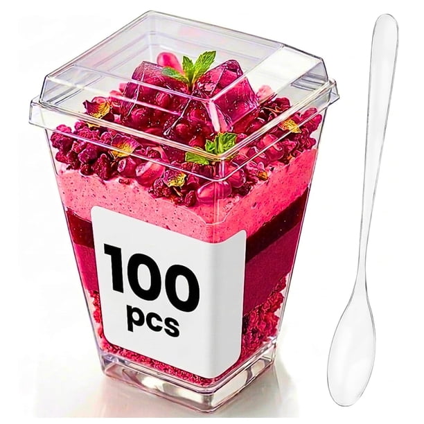 Vasos transparentes de plástico para postres Crystry de 5 oz, paquete de 100 con tapas