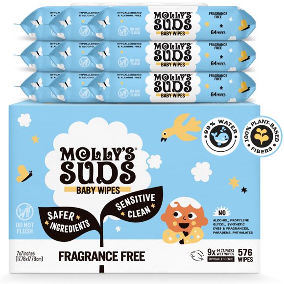 Toallitas para bebés Molly's Suds Sensitive Clean 99% de agua 576 toallitas