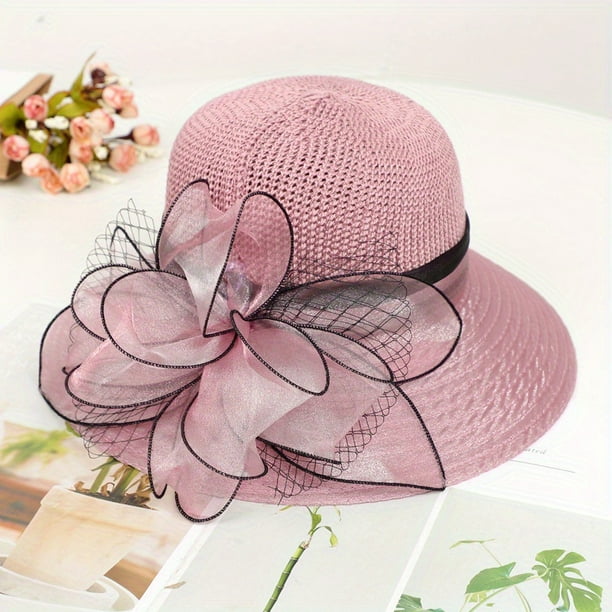 Women's Wide Brim Straw Bucket Hat with Floral Mesh Fascinator for Church, Weddings, and Beach Sun Protection - Perfect Valentine's Gift