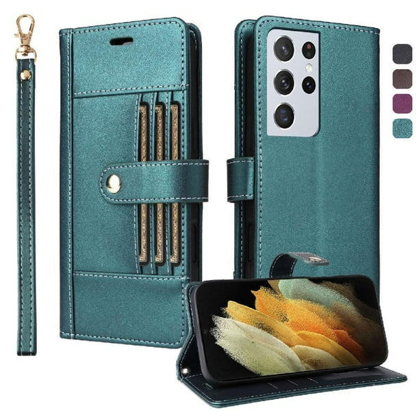 FOXDOCK Funda tipo Cartera para Samsung Galaxy S21 Ultra – Cubierta de Cuero PU con Múltiples Ranuras, Bolsillo para Efectivo y Correa de Muñeca