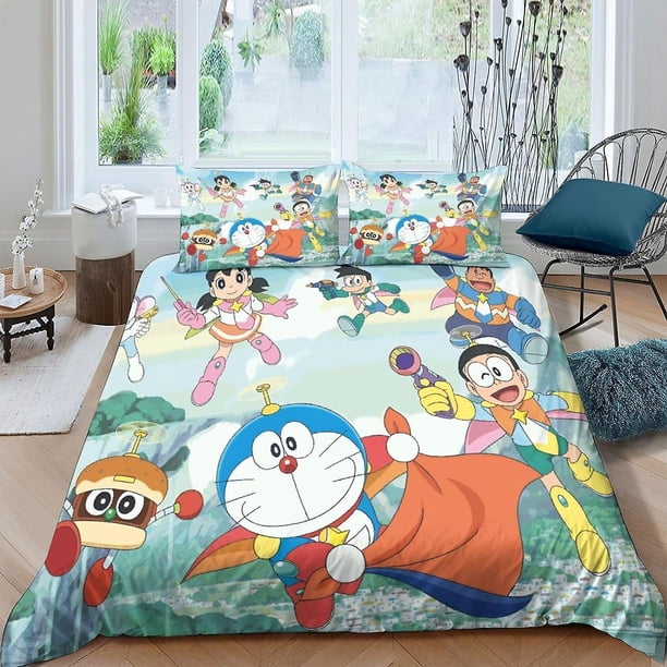 Juego de ropa de cama con estampado digital 3D de Doraemon con funda de almohada, funda nórdica de microfibra suave de acero inoxidable, juego de 3 piezas, funda de edredón de gato azul pequ