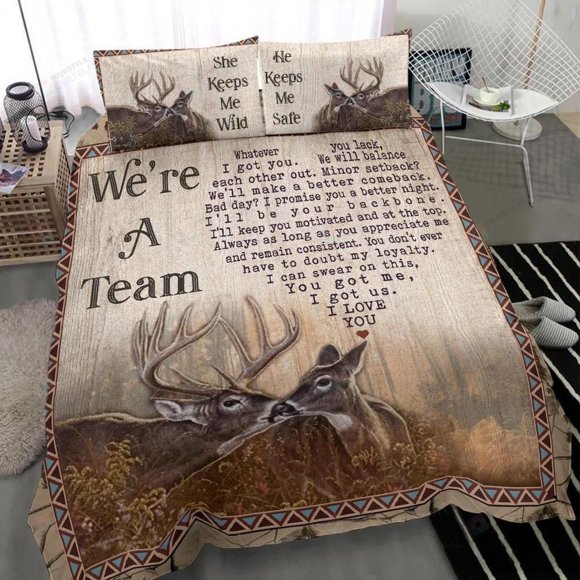 We're A Team Buck And Doe Letter Printing Animal Lovers Quilt Duvet Cover Set3-Piece Bedding Set