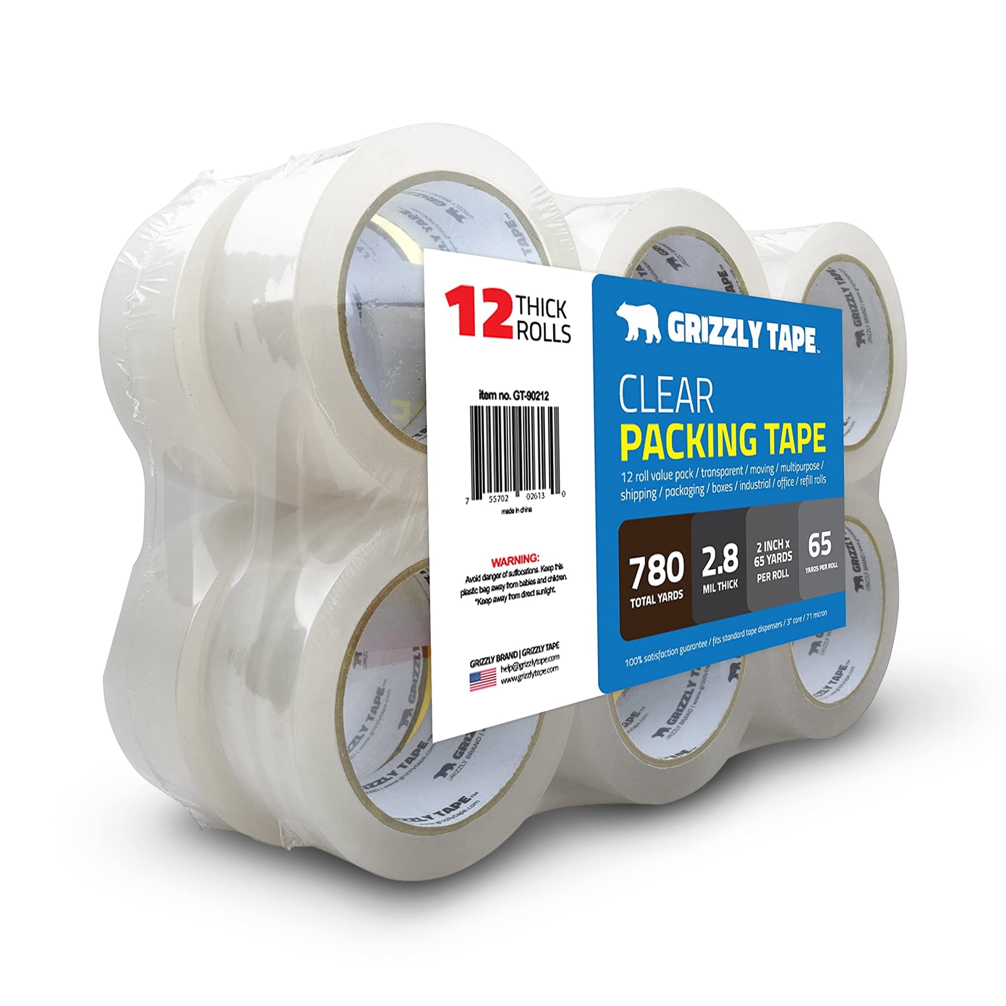 Grizzly Industrial - Rollos De Recarga De Cinta Adhesiva Grizzly Power Clear De 48 Mm X 60 M, Paquete De 12