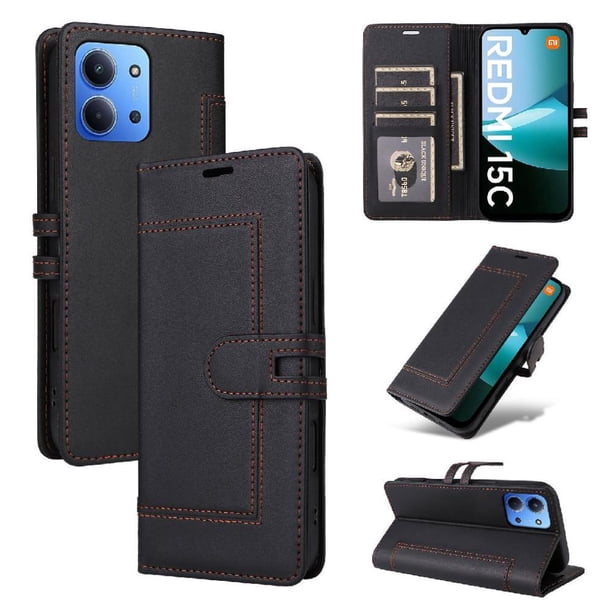 Premium Wallet Case for Xiaomi Redmi 15C with Card Slots & Kickstand, Flip Cover Black