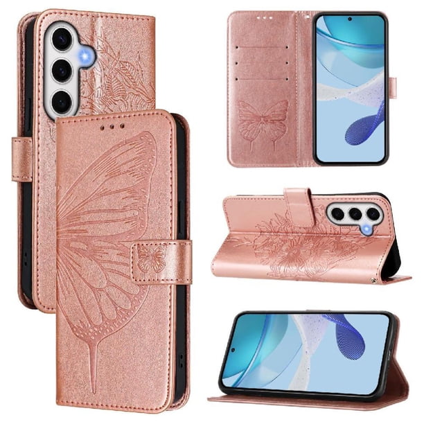 Funda Cartera Mariposa Para Samsung Galaxy S24 Fe Con Soporte Y Ranuras Para Tarjetas Oro Rosa