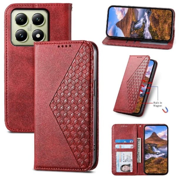 Funda Flip FOXDOCK para Xiaomi 14T Pro 5G , Estilo Billetera con Diseño Rombo, Correa de Mano y Soporte, Uso Diario