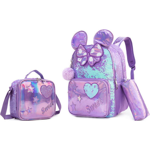 3PCS Backpack for Girls 16" 3pcs School Backpacks with Lunch Box for Elementary Students Travel Sequin Backpack for Girls