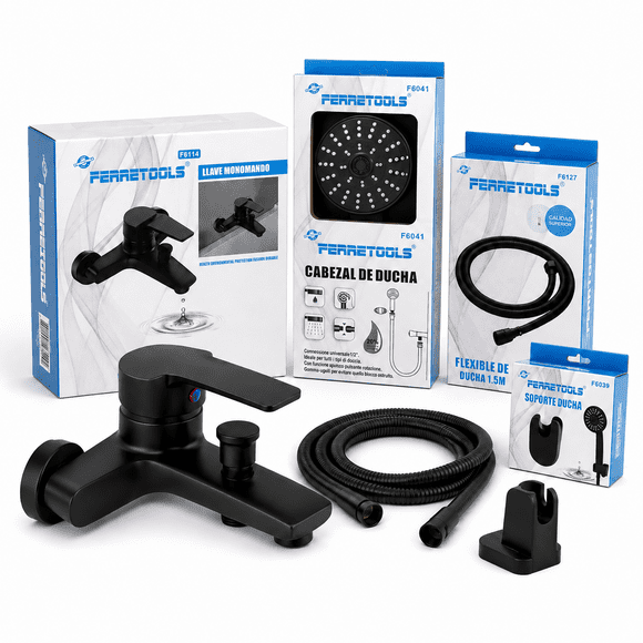 Kit de Ducha Completo Negro Mate – Monomando + Ducha Redonda + Flexible 1,5 m Mod F61-19
