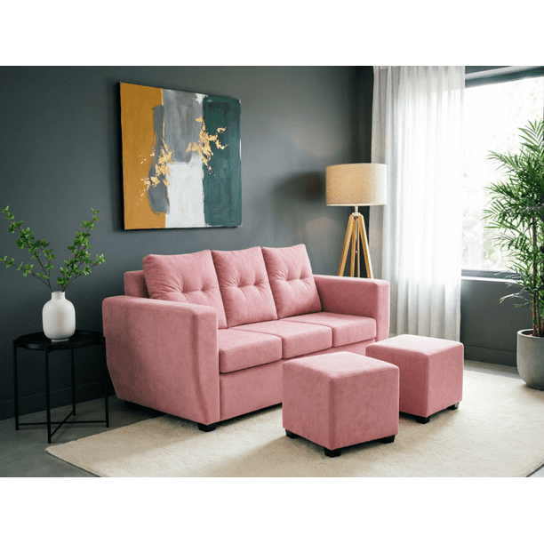 Living Alabama 3 cuerpos + 2 pouf Felpa Rosa