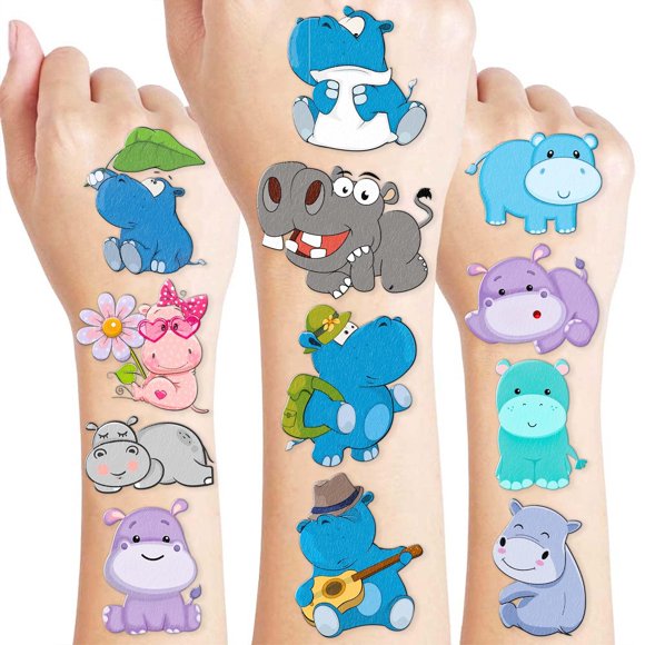 Tatuajes temporales de hipopótamo para niños - 96 piezas frawharmone