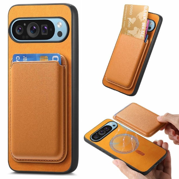 Funda de Cuero Magnética con Tarjetero para Google Pixel 9 Cubierta Delgada Amarillo