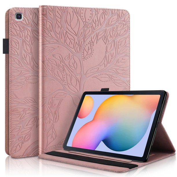 Funda con relieve del Árbol de la Vida para tablet Samsung Galaxy Tab S6 Lite con soporte, ranuras para tarjetas y soporte para lápiz óptico. Oro