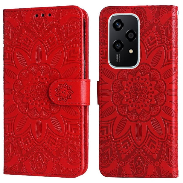 Funda tipo cartera FOXDOCK para Honor 200 Lite 5G , diseño girasol en relieve, cuero PU, cierre magnético, soporte y tarjetero