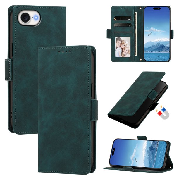 Funda Billetera Delgada para iPhone 17e / 16e con Ranuras y Soporte Verde oscuro