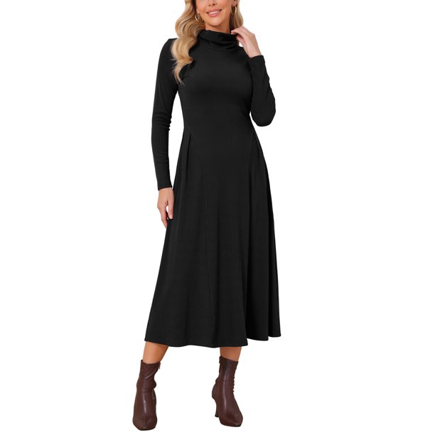 Vestido Suéter de Mujer Cuello Alto 2026 Manga Larga Línea A Acampanada Tejido de Punto Maxi Vestidos S Negro