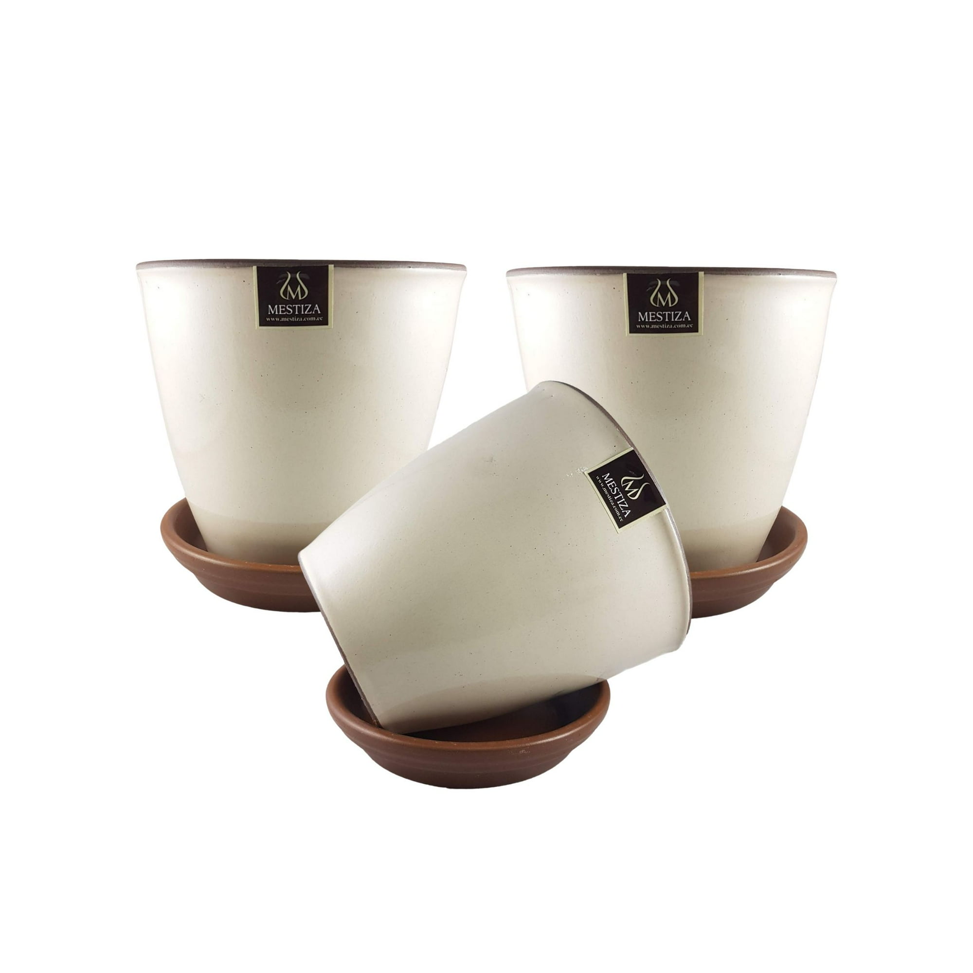 Pottery - Set De 3 Maceta Zafiro 14cm Crema Y Sus Platos