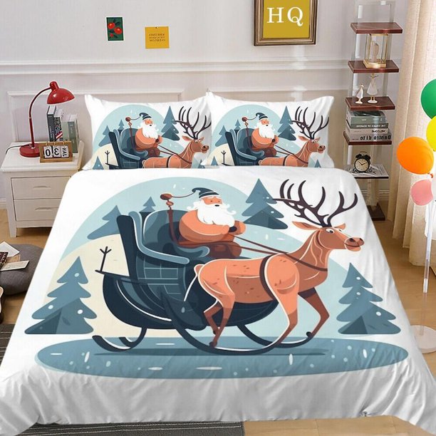 Christmas Gifts Santa Claus Reindeer Teen Quilt Duvet Cover Set Doona Cover3-Piece Bedding Set