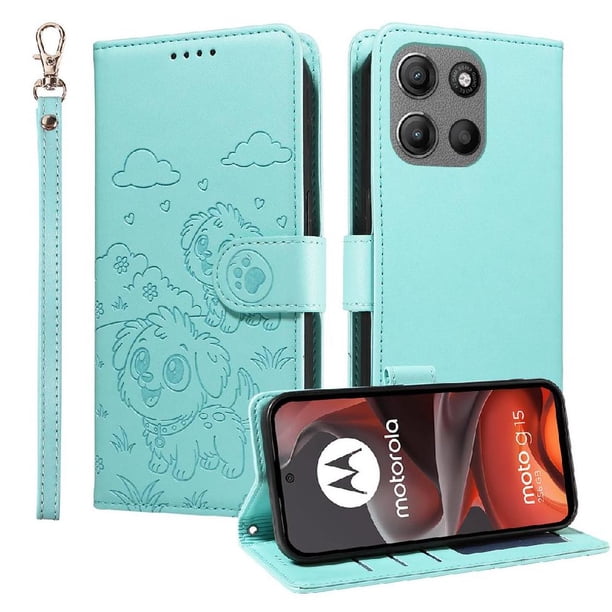 Funda Cartera para Motorola Moto G15/G15 Power Perro Cachorro Grabado con Tarjetas Soporte Correa Verde
