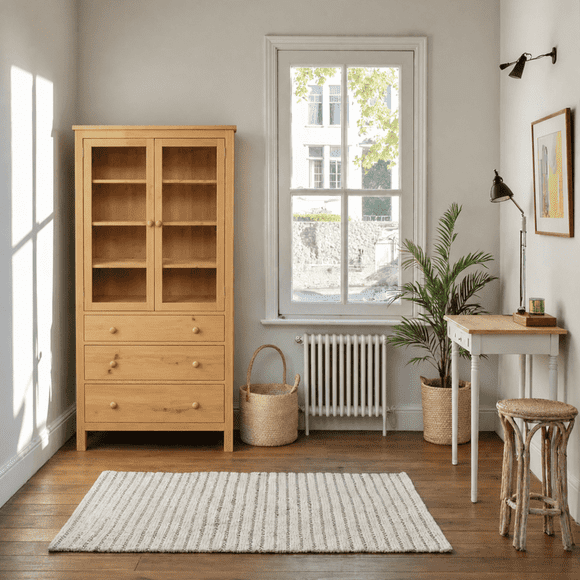 Vitrina "Aura" Verde Grisácea Vitrina de Madera con Vidrio - Natural - 80x35x180 cm