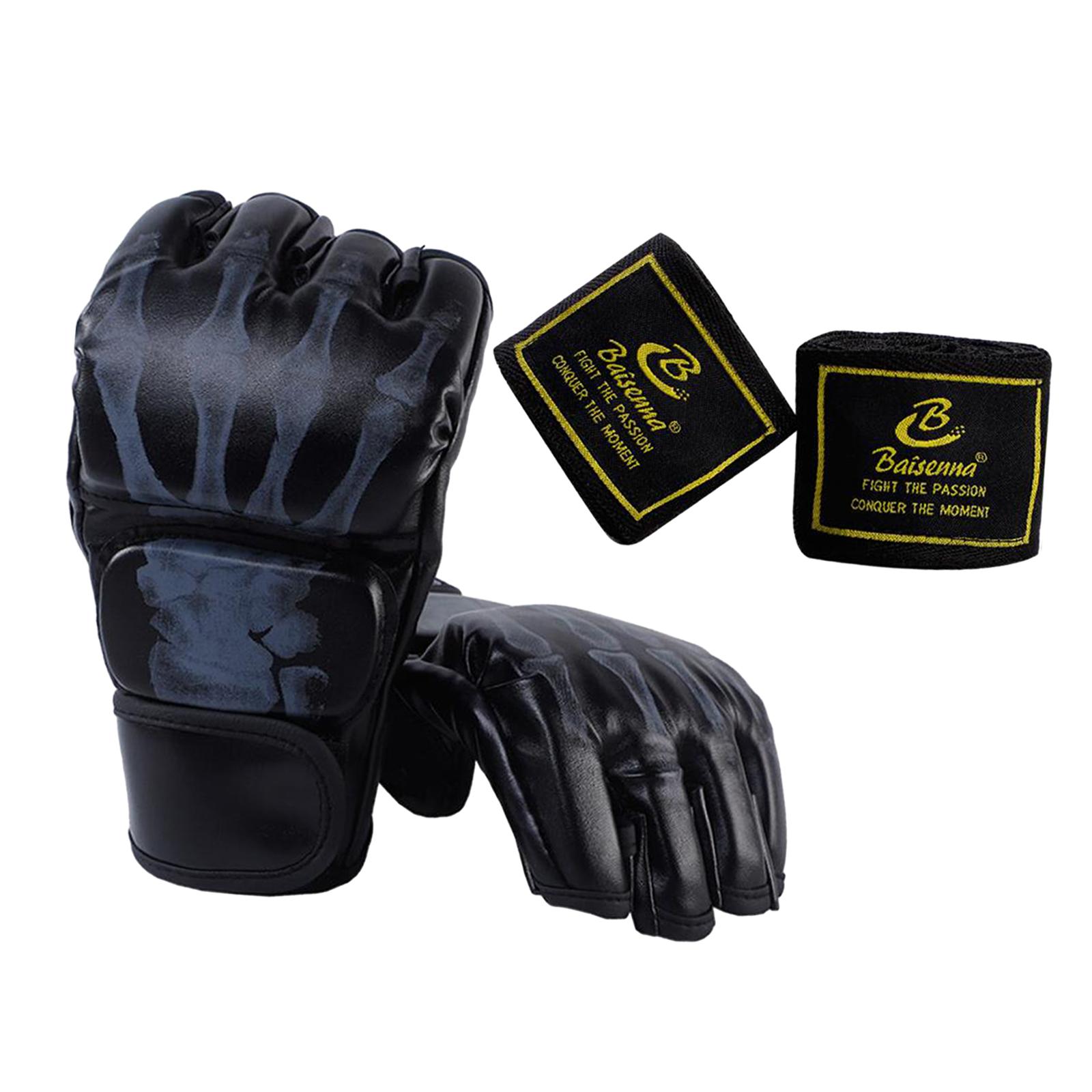 Ioensy - Guantes De Boxeo De Medio Dedo Guantes Mma Para Saco De Boxeo Muay Thai Artes Marciales Esqueleto Negro