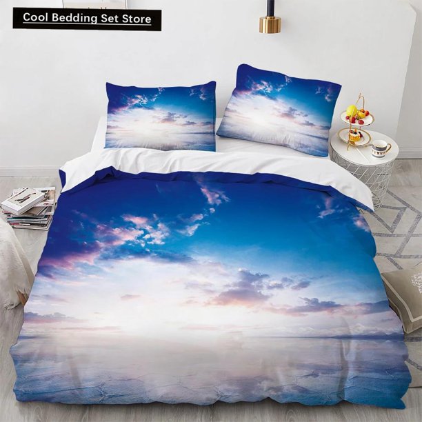 x1347 Bed SheetsBlue Sky Duvet Cover Pink Flowers White Flying Bird Bedding Set for Kids Teens Adults Natural Scenery Quilt Cover 3-Piece Bedding Set (1 Duvet Cover + 2 Pillow Shams) nj1347