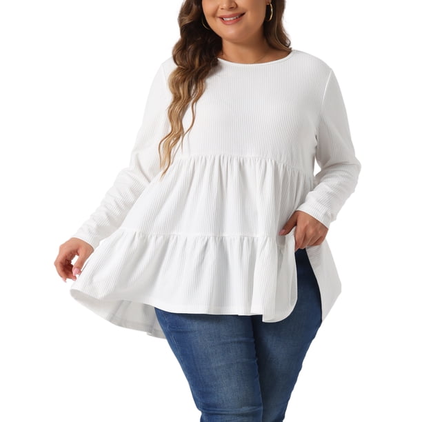 Agnes Orinda Trajes de Halloween para Mujeres Tallas Grandes Tops Babydoll de Escuela Colegio Manga Larga Cuello Redondo Casual Suelto Blusas Peplum Túnicas 1X Blanco