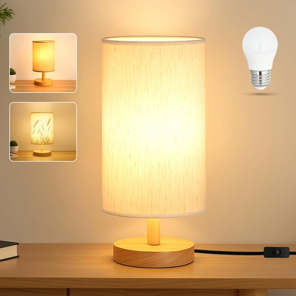 Lámpara de escritorio EZIYIN con base de madera y pantalla de lino, bombilla LED