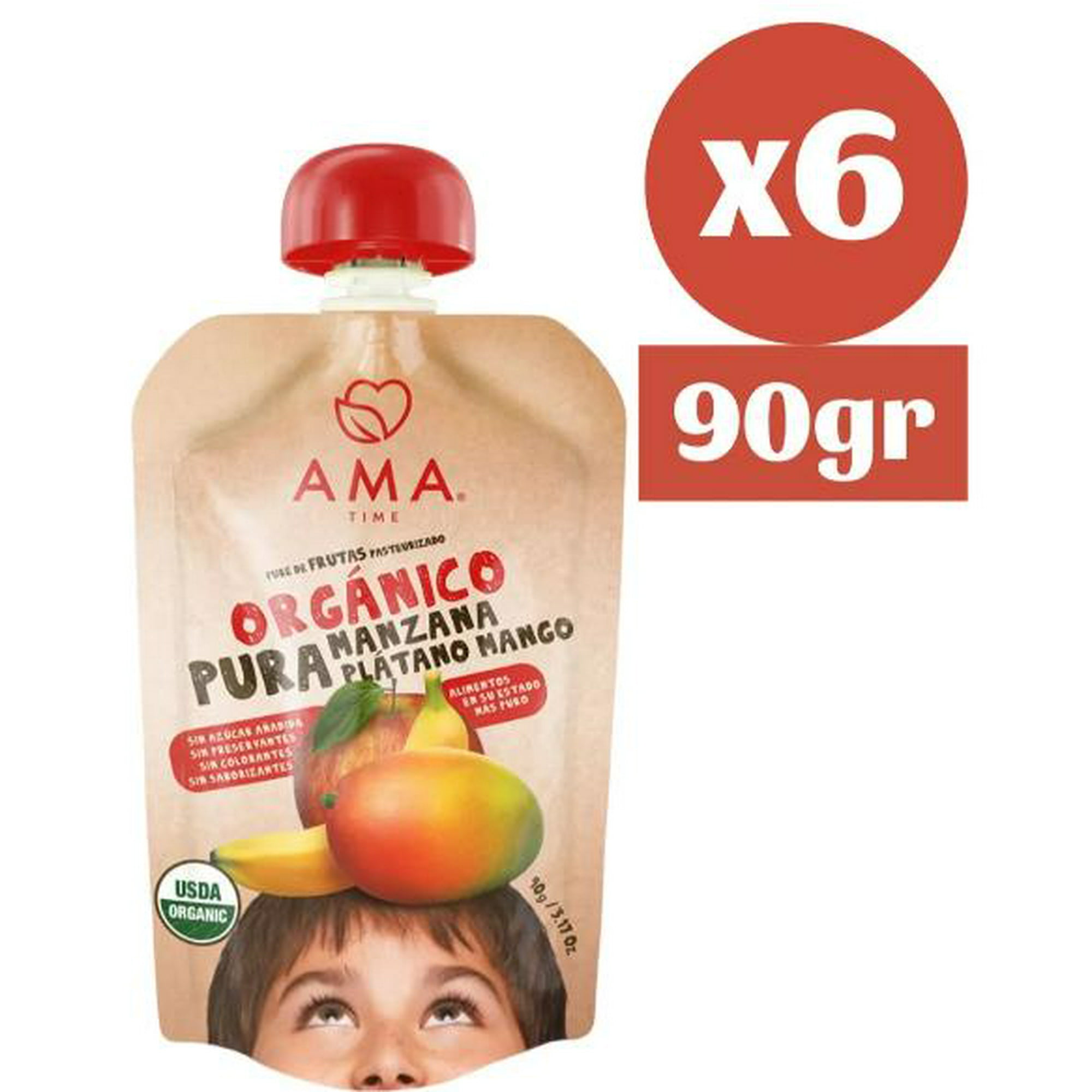 Ama Time - Pack 6x Ama Pure Fruta Manzana Platano Mango Orgánico Papilla