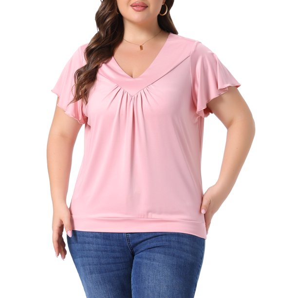 Agnes Orinda Blusa de Talla Grande para Mujeres Escuela Universidad Cuello en V Volante Manga Corta Camiseta de Verano Tops 1X Rosa