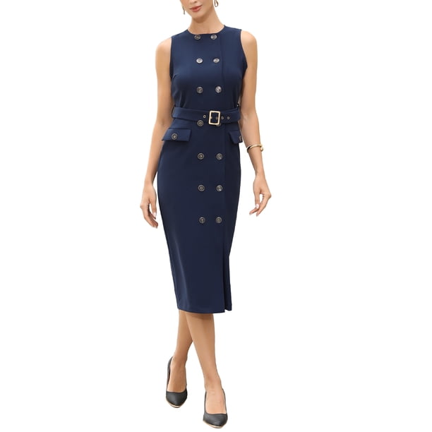 INSPIRE CHIC Vestido de Trabajo Cruzado para Mujer sin Mangas, Cuello Redondo, Formal, Ajustado con Cinturón L Azul Oscuro