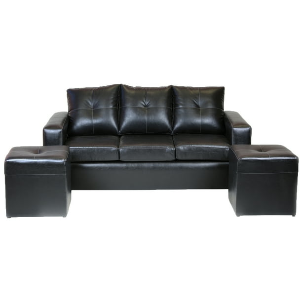 Living Emanuel 3 Cuerpos Y 2 Poufs - Cuero Sintético Pu Negro