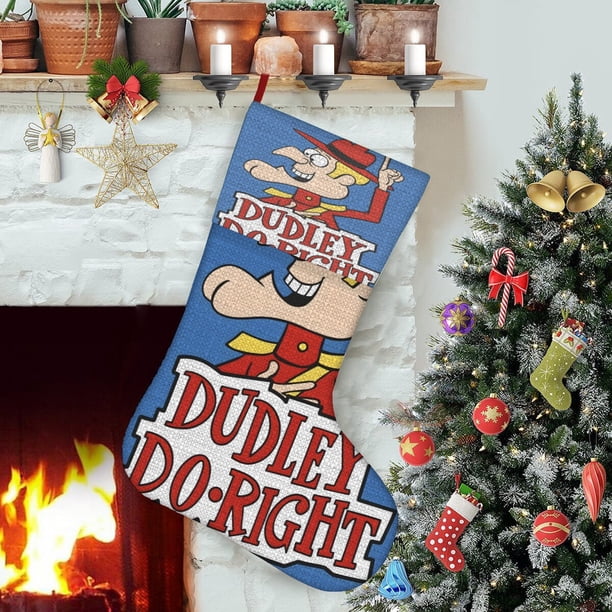 El Show de Dudley Do-Right Tema: Calcetines de Navidad, fino lino blanco para colgar en escaleras y chimenea, decoración navideña para el hogar, regalo de Navidad. 45cm × 32cm