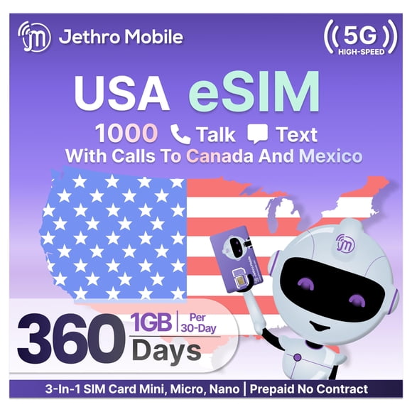 Tarjeta SIM Jethro Trading 360 días EE. UU. eSIM datos/voz/mensajes