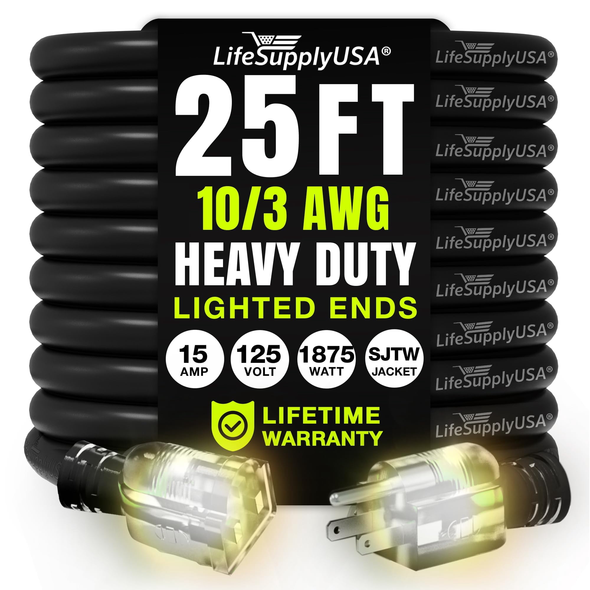 Cable De Alimentación Lifesupplyusa De 7,5 M, Calibre 10/3, Alta Resistencia, 15 A, 125 V