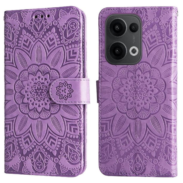 Funda tipo cartera FOXDOCK para OPPO Reno 14F 5G , diseño girasol en relieve, cuero PU, cierre magnético, soporte y tarjetero