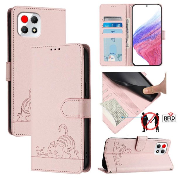 Funda tipo cartera FOXDOCK para T-Mobile REVVL 7 con soporte, ranuras, RFID, diseño de gato