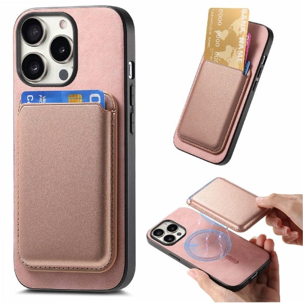Funda de Cuero Magnética con Tarjetero para iPhone 15 Pro Max Cubierta Delgada Rosa