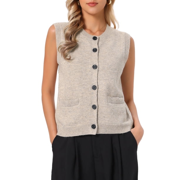 INSPIRE CHIC Chaleco de Suéter para Mujer sin Mangas Cuello Redondo Abotonado Cárdigan Casual con Bolsillos XL Caqui