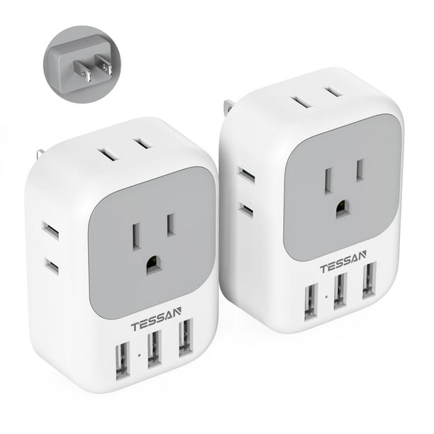 Adaptador de enchufe TESSAN de EE. UU. a Japón, paquete de 2 con 4 tomas de corriente alterna y 3 USB