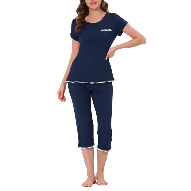 INSPIRE CHIC Conjunto de Pijama para Mujer de Mezcla de Rayón Suave con Manga Corta y Pantalones Capri con Cintura Elástica Ropa de Casa para Primavera Verano L Azul Marino