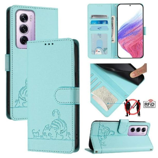 Funda tipo cartera FOXDOCK para oppo Reno 12 pro con soporte, ranuras, RFID, diseño de gato