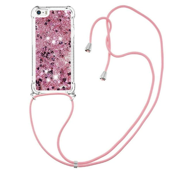 Funda FOXDOCK para iPhone 5/5s con Cuerda Ajustable, Brillo Líquido, Protección Antigolpes y Lente – Ideal para Regalo