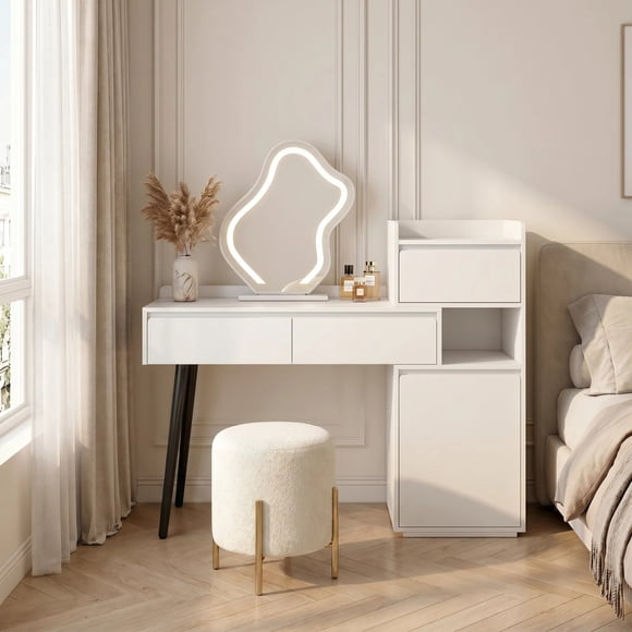Tocador Extendible Espejo Con Luz 80-120cm Estilo Europeo Color Blanco