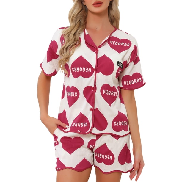 INSPIRE CHIC Pijamas para Mujer con Sujetador Incorporado, Volantes, Camiseta de Manga Corta con Botones y Shorts, Ropa de Dormir XL Corazón Rojo