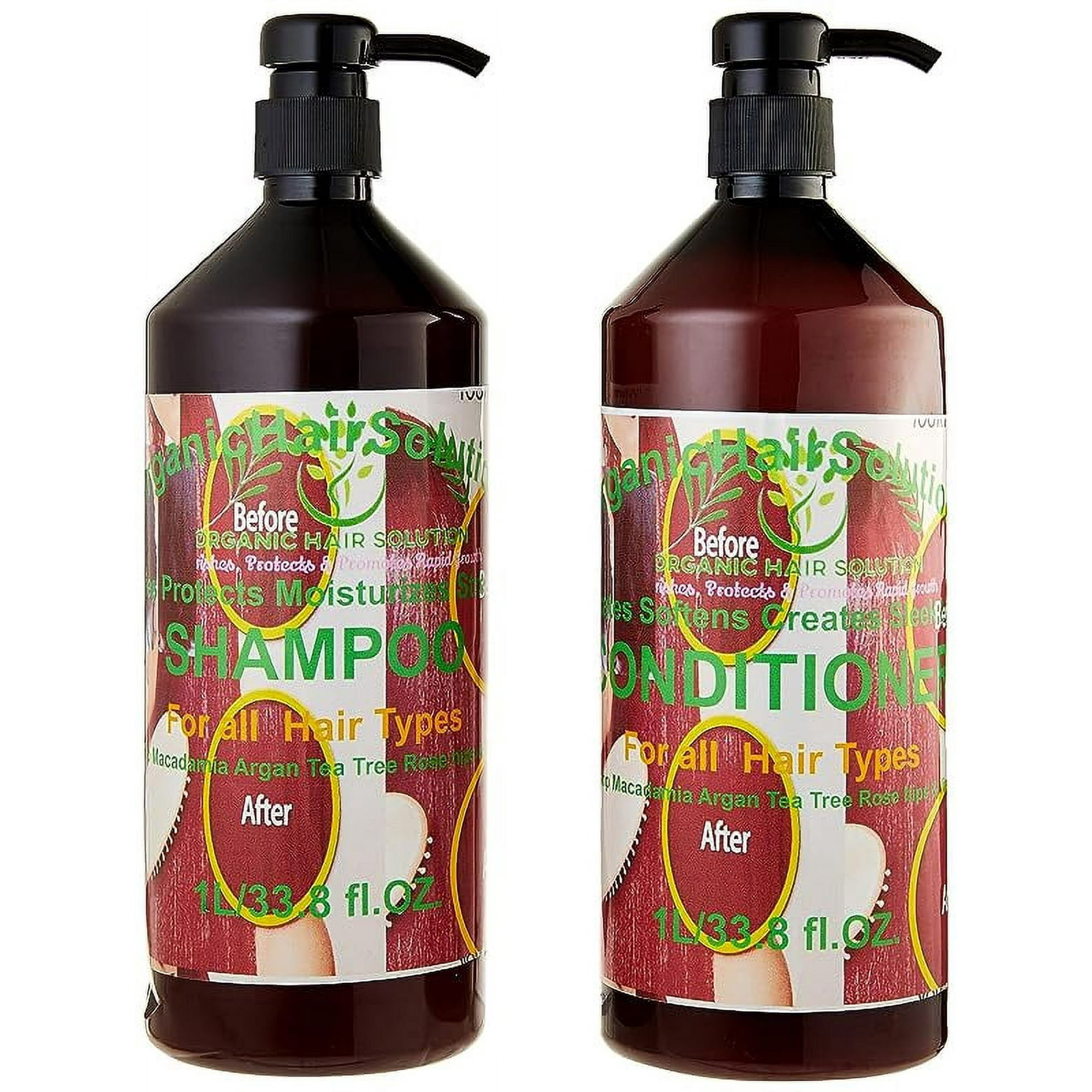 Organic Hair Solution - Champú Y Acondicionador Orgánico Con Árbol De Aceite De Aloe Vera-castor- Argan- Macadamia- Coconut & Jojoba -sulfate/paraben Free- Para Todos Los Tipos De Cabello: Hombres Y Mujeres (33 Oz)
