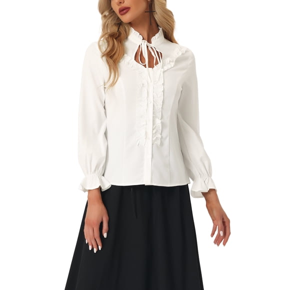 Blusa victoriana para mujer INSPIRE CHIC con volantes vintage, manga larga, abotonada, estilo gótico, color blanco, talla L