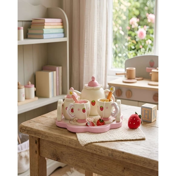 Set de Té Madera Infantil con Bandeja en Forma de Flor