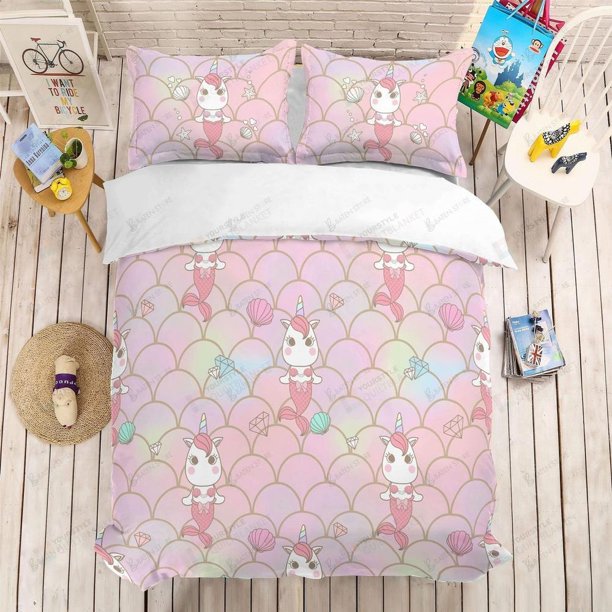 Cartoon Mermaid Pink Gifts For Birthday Thanksgiving Quilt Duvet Cover Set3-Piece Bedding Set